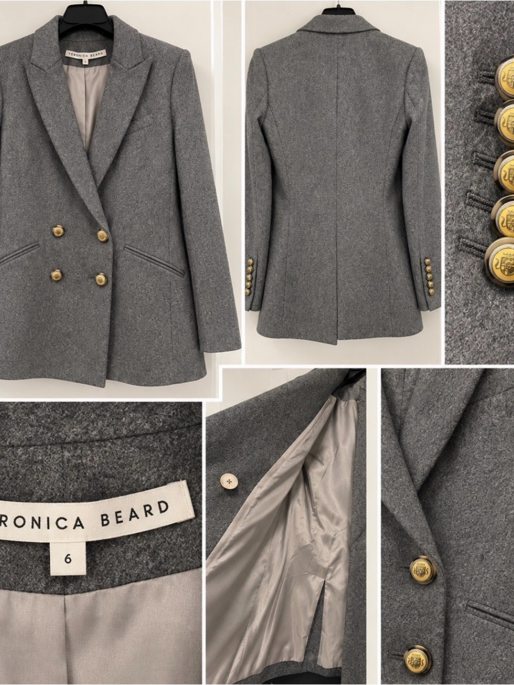 Veronica Beard Gray Double-Breasted Wool Blazer with Gold Buttons NWT